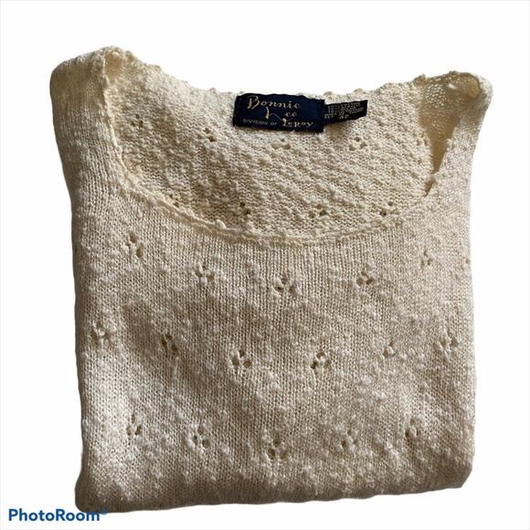 VINTAGE 70s Eyelet Nub Sweater Cream L  Poet Twee Academia Bonnie Lee - Picture 8 of 8